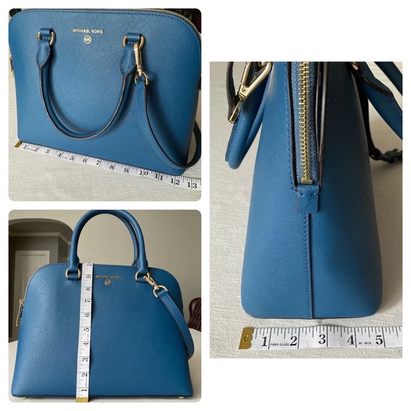 MICHAEL KORS Cindy Large Dome Crossgrain Blue Chambray Leather Satchel Purse Bag - Picture 14 of 14